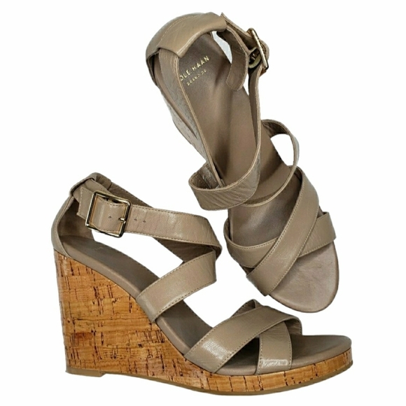 Cole Haan | Tan Leather Cross Strap Cork Wedges - Picture 1 of 9
